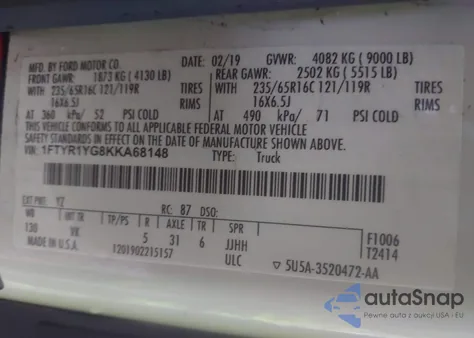 2019 Ford Transit-250 from USA, damaged, VIN 1FTYR1YG8KKA68148